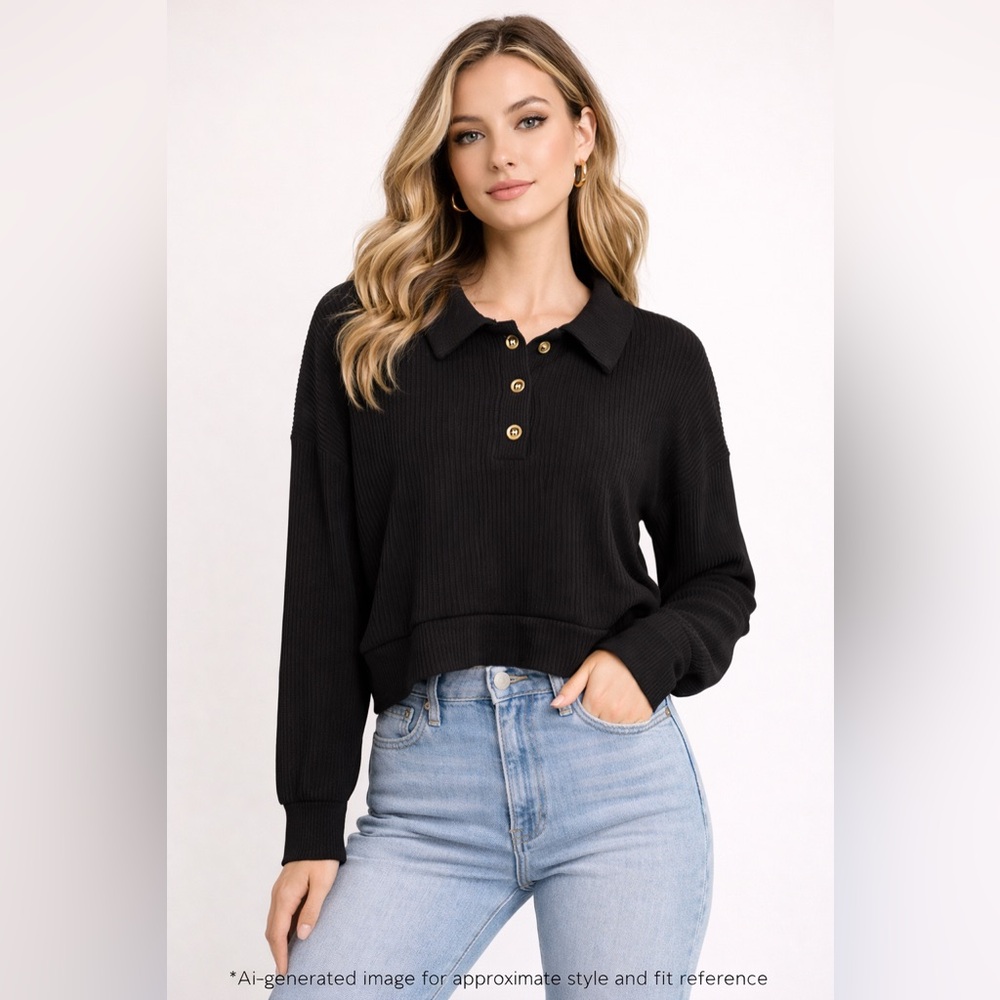 Sweet Romeo Black Ribbed Collared Sweater Top Buttons Size L